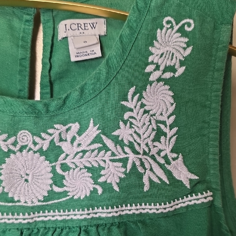 J. Crew Emerald Green Sleeveless Blouse with Ivory Embroidery Cotton Linen Top - Picture 5 of 11